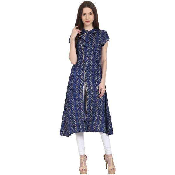 Women's Blue Printed Cap Sleeve Rayon Front Open Kurta - Nayo Clothing