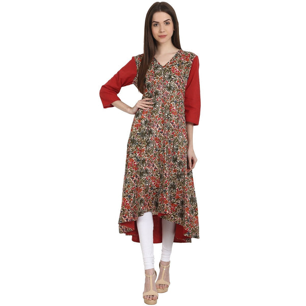 Women's Multi Printed 3/4 Sleeve Cotton Low High Kurta - Nayo Clothing