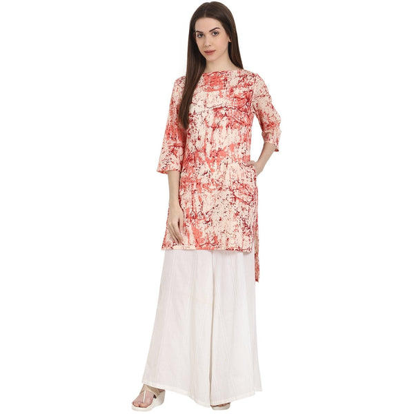 Women's Peach Printed 3/4 Sleeve Low High  Cotton Kurta - Nayo Clothing