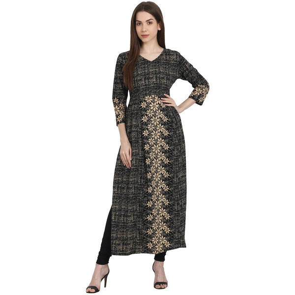 Women's Dark Grey Printed 3/4 Sleeve Cotton Kurta - Nayo Clothing