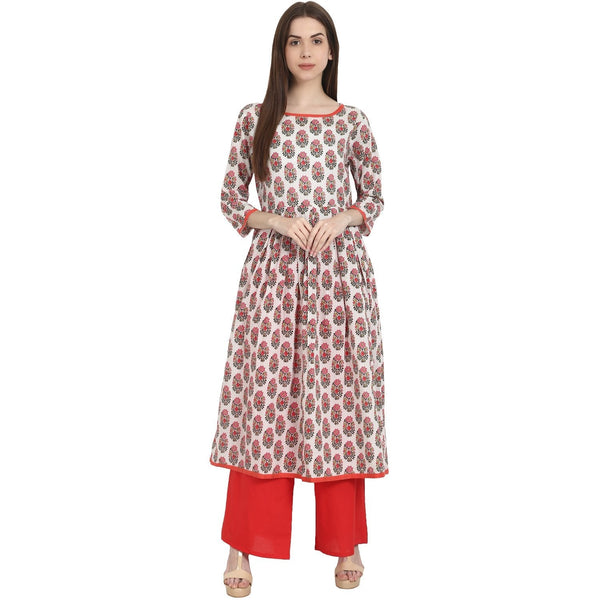 Women's White & Red Printed 3/4 Sleeve Cotton A-Line Kurta - Nayo Clothing