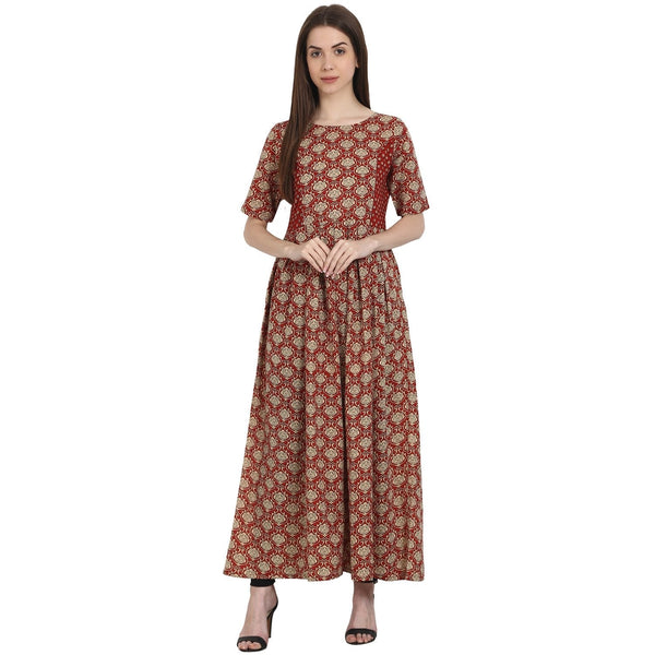 Women's Red Printed Half Sleeve Cotton Anarkali Kurta - Nayo Clothing