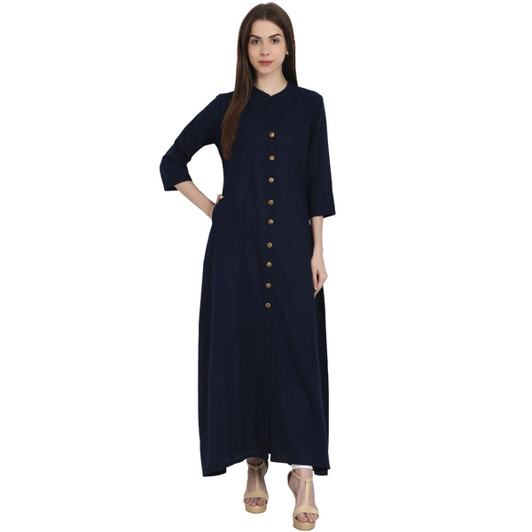 Women's Navy Blue 3/4 Sleeve Front Open Cotton Slub A-Line Kurta - Nayo Clothing