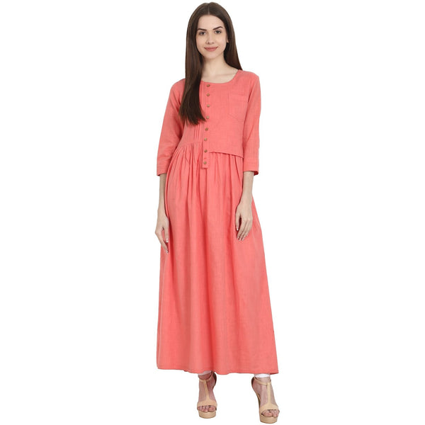 Women's Peach 3/4 Sleeve Cotton Slub A-Line Kurta - Nayo Clothing