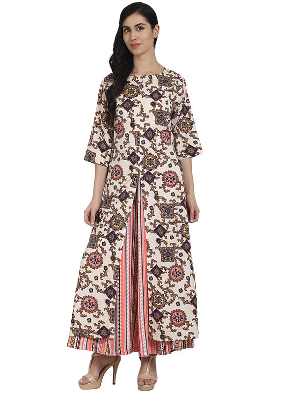 Women's White Printed 3/4Th Sleeve Crepe A-Line Kurta With Peach Printed Palazzo - Nayo Clothing