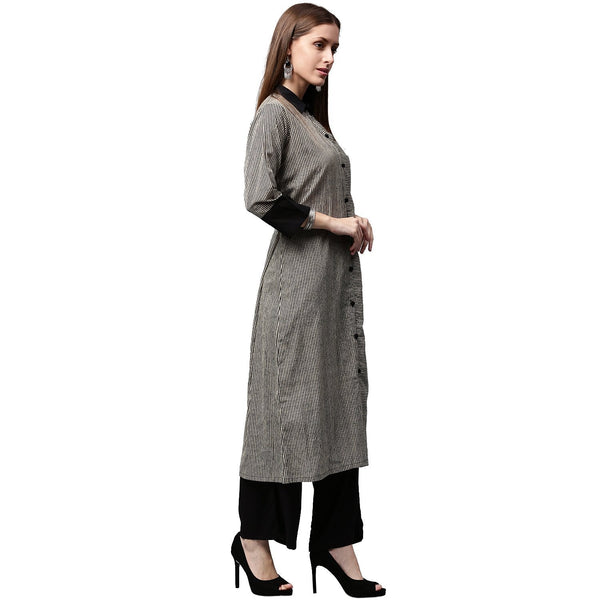 Women's Black Printed 3/4Th Sleeve Cotton Front Open Kurta - Nayo Clothing