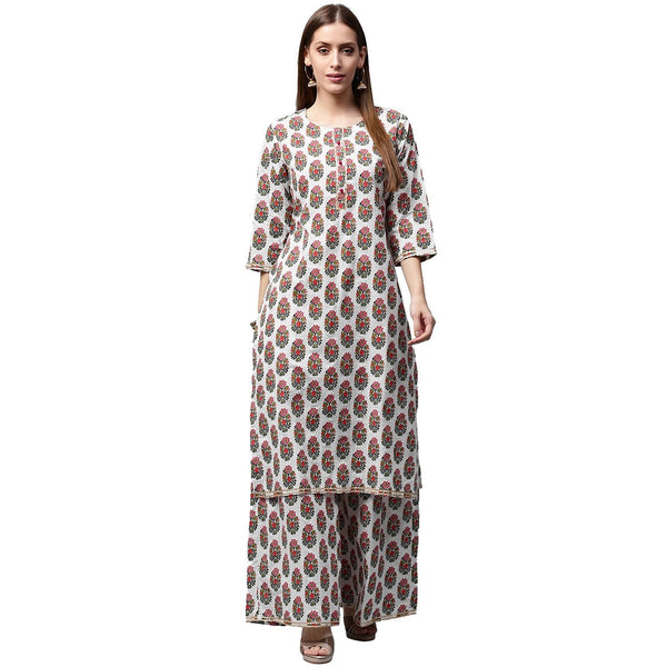 Women's White Printed 3/4Th Sleeve Cotton Kurta With Printed Palazzo - Nayo Clothing