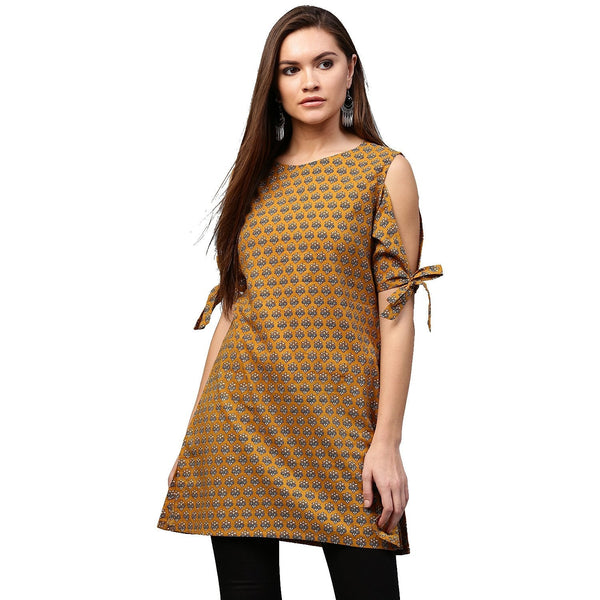 Women's Yellow Half Sleeve Cotton Cold Shoulder Tunic - Nayo Clothing