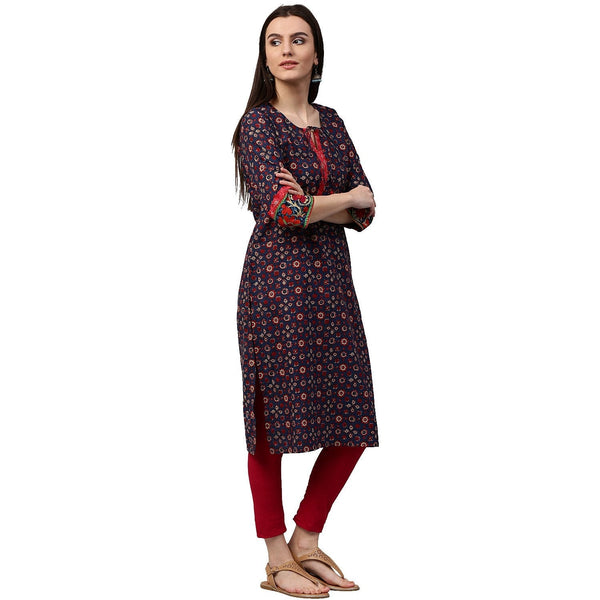 Women's Blue Printed 3/4Th Sleeve Cotton Kurta With Dori Work At Yoke - Nayo Clothing