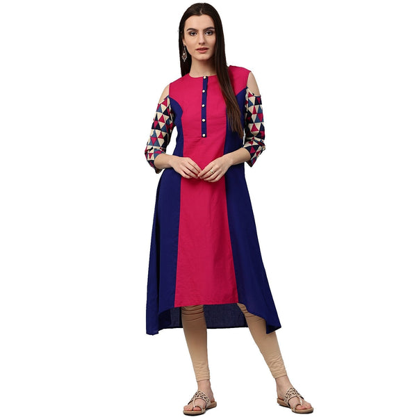 Women's Blue & Pink 3/4Th Sleeve Cotton Kurta - Nayo Clothing