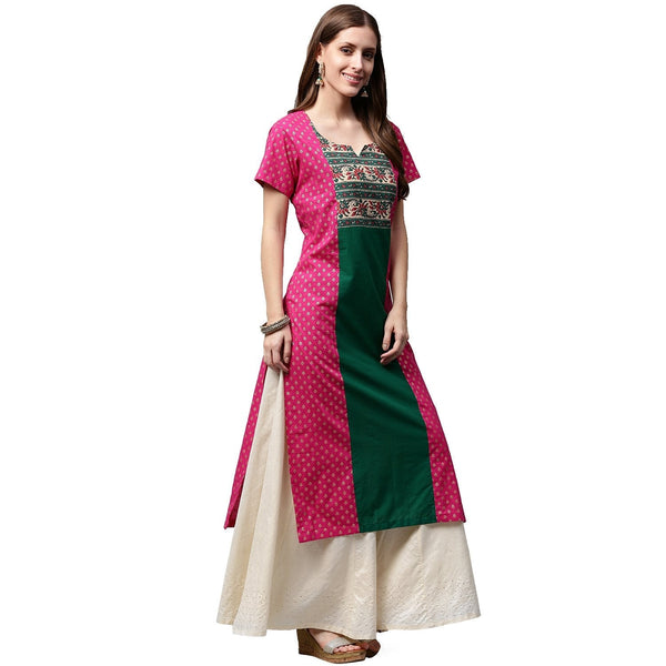 Women's Pink & Green Printed Short Sleeve Cotton A-Line Kurta - Nayo Clothing