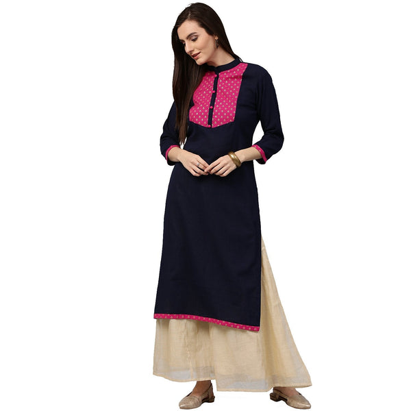 Women's Blue 3/4Th Sleeve Cotton Slub Kurta With Printed Yoke - Nayo Clothing