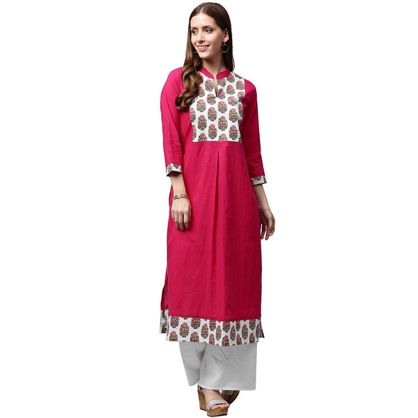 Women's Pink Printed 3/4Th Sleeve Cotton Kurta - Nayo Clothing