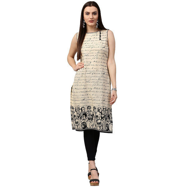 Women's Off White Printed Sleeveless Cotton Kurta - Nayo Clothing