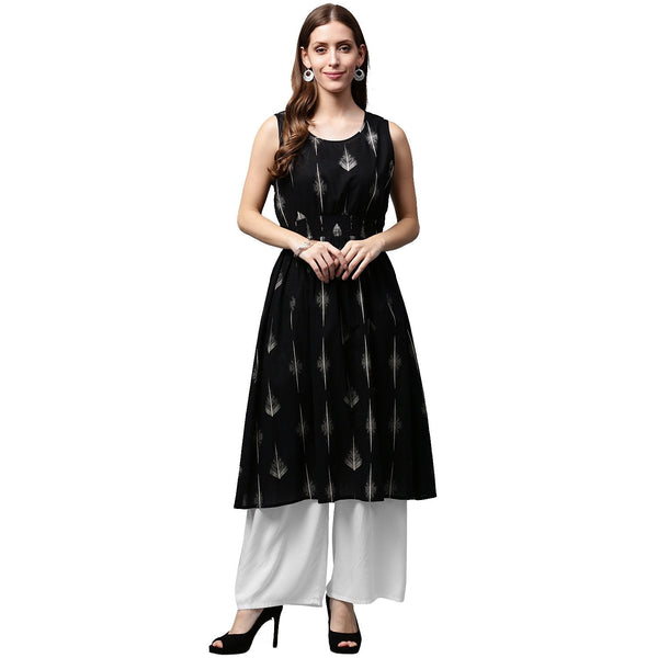 Women's Black Printed Sleeveless Cotton A-Line Kurta - Nayo Clothing