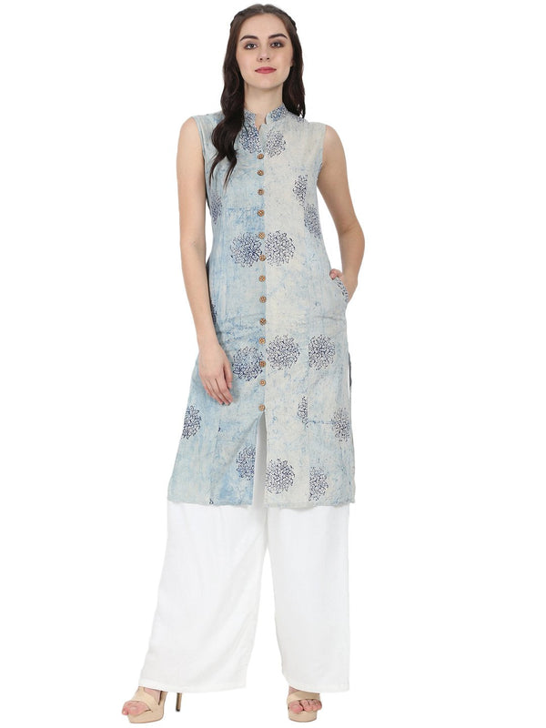 Women's Blue Printed Sleeveless Cotton A-Line Kurta - Nayo Clothing