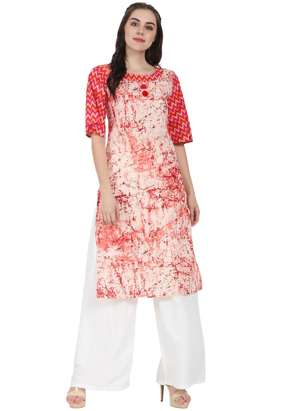 Women's Peach Printed 3/4Th Sleeve Cotton Kurta - Nayo Clothing