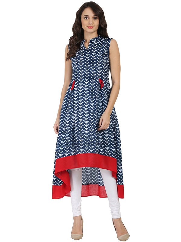 Women's Blue Printed Sleeveless Cotton A-Line Kurta - Nayo Clothing