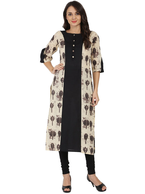 Women's Black & Beige Printed 3/4Th Sleeve Cotton A-Line Kurta - Nayo Clothing