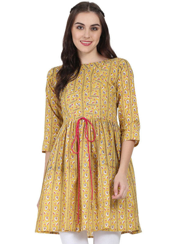 Women's Yellow Printed 3/4Th Sleeve Cotton Cropped Anarkali Kurta - Nayo Clothing