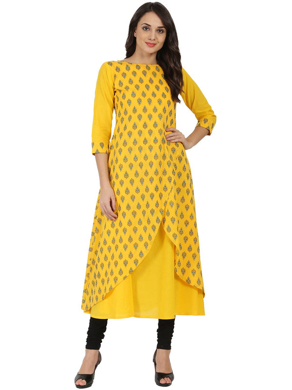 Women's Yellow Printed 3/4Th Sleeve Cotton Double Layer A-Line Kurta - Nayo Clothing