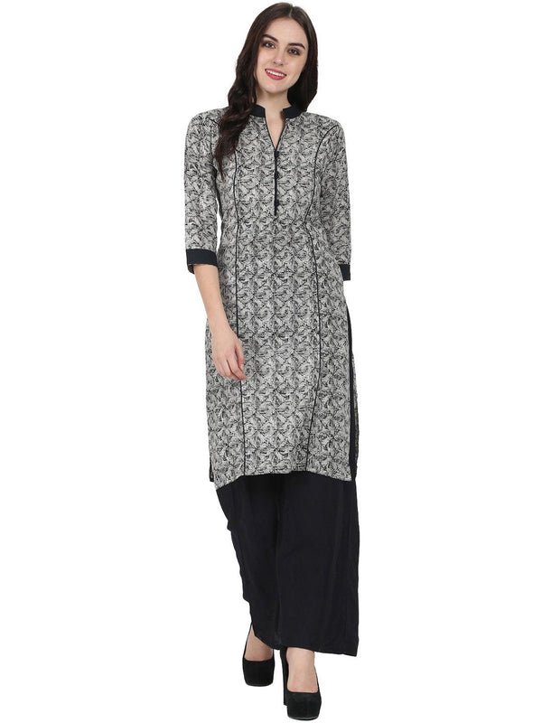 Women's Grey Printed 3/4Th Sleeve Cotton Kurta - Nayo Clothing