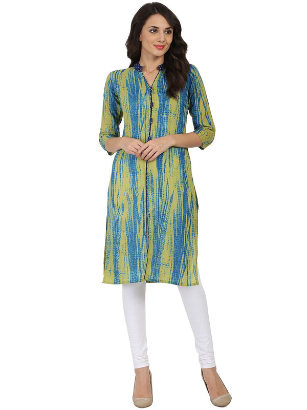 Women's Green Printed 3/4Th Sleeve Cotton Kurta - Nayo Clothing