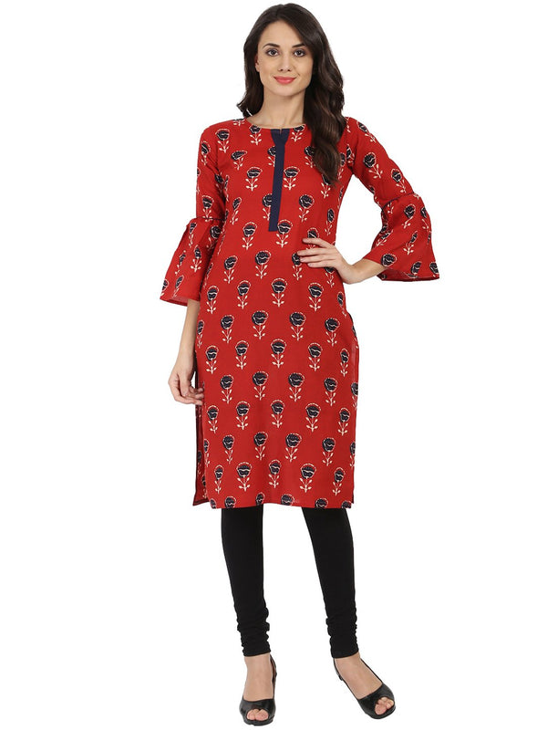 Women's Red Printed 3/4Th Flared Sleeve Cotton Kurta - Nayo Clothing