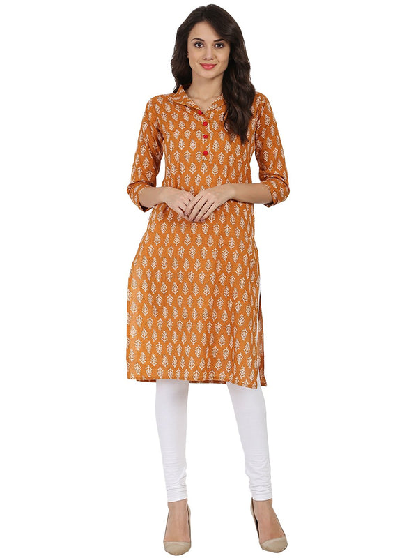 Women's Mustard Printed 3/4Th Sleeve Cotton Kurta With Button Work At Yoke - Nayo Clothing