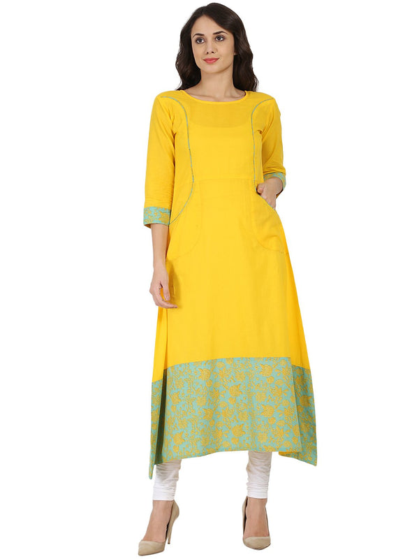 Women's Yellow Printed 3/4Th Sleeve Cotton A-Line Kurta - Nayo Clothing