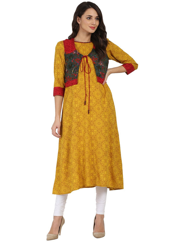 Women's Yellow Printed 3/4Th Sleeve Rayon Anarkali Kurta With Blue Printed Jacket - Nayo Clothing