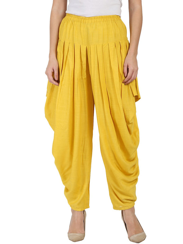 Women's Yellow Rayon Slub Ankle Length Pleated Dhoti - Nayo Clothing