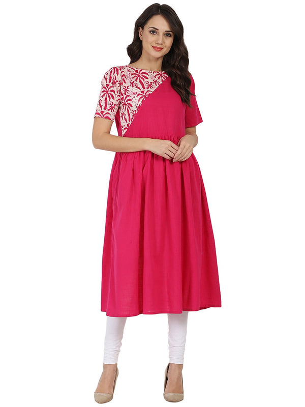 Women's Pink Half Sleeve Cotton Anarkali Kurta - Nayo Clothing