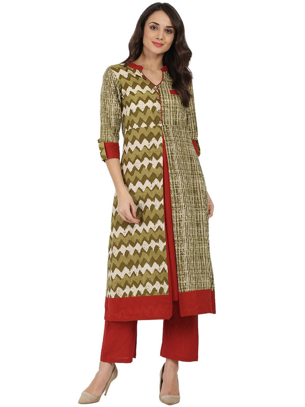 Women's Green Printed 3/4Th Sleeve Cotton A-Line Kurta - Nayo Clothing