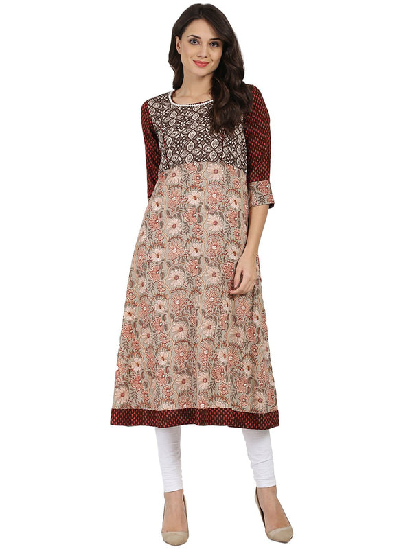 Women's Brown Printed 3/4Th Sleeve Cotton   A-Line Kurta - Nayo Clothing