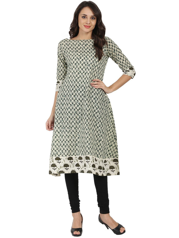 Women's Off White Printed 3/4Th Sleeve Cotton A-Line Kurta - Nayo Clothing