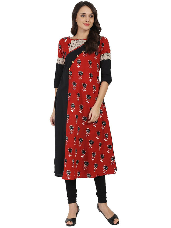 Women's Black & Red Printed Half Sleeve Cotton A-Line Kurta - Nayo Clothing