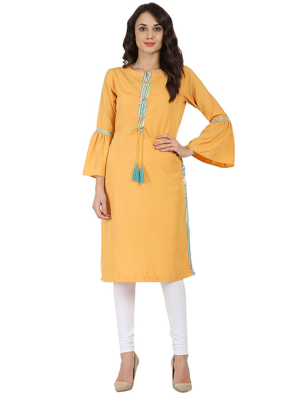 Women's Yellow 3/4Th Sleeve Crepe Kurta With Dori Work At Yoke - Nayo Clothing