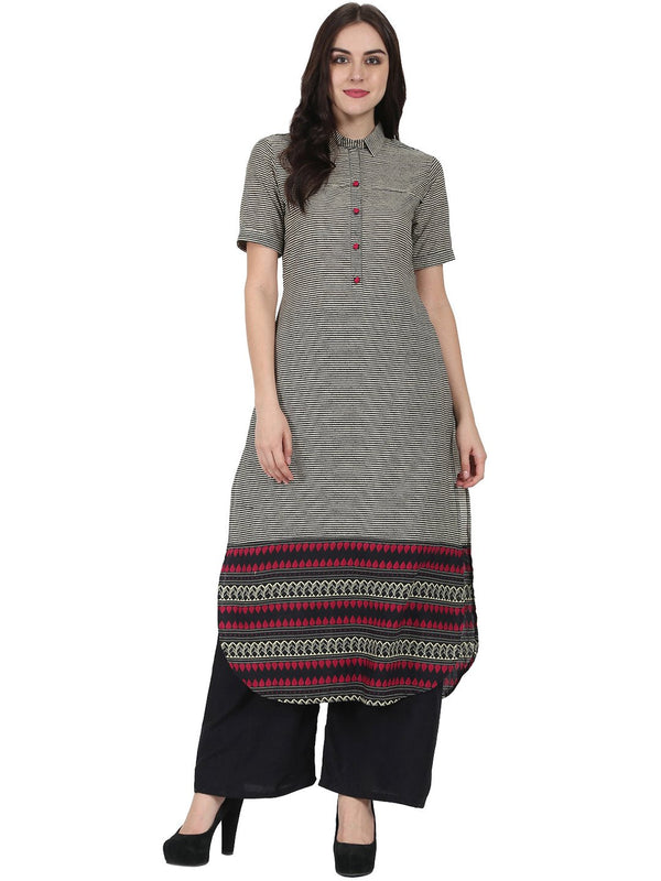 Women's Black Printed Half Sleeve Cotton Long Kurta - Nayo Clothing