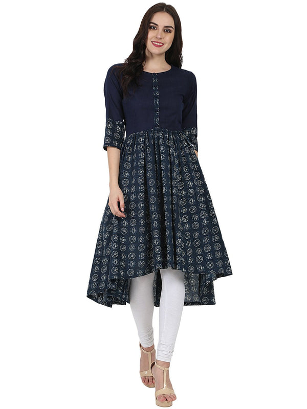 Women's Blue Printed 3/4Th Sleeve Cotton Anarkali Kurta - Nayo Clothing