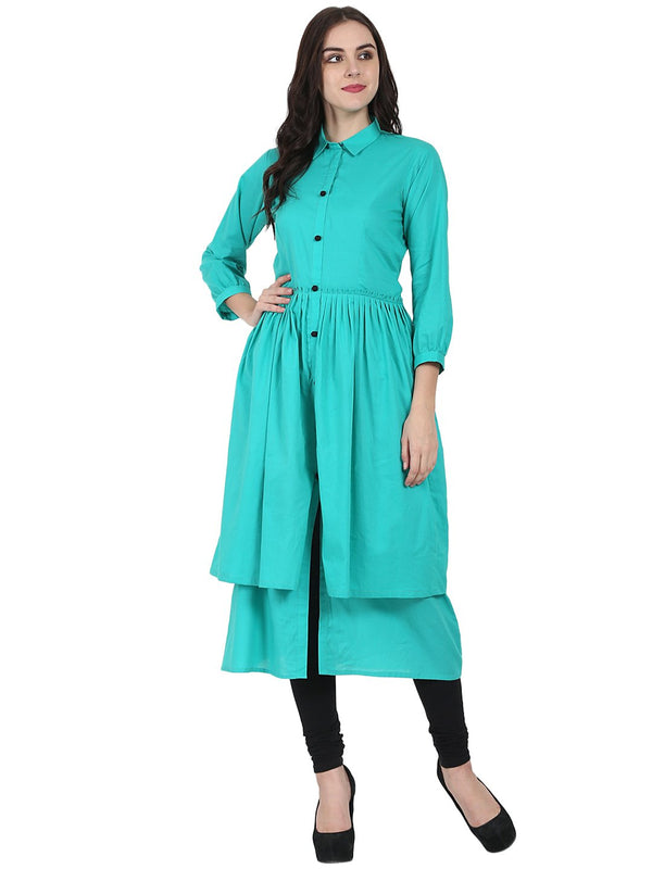 Women's Sea Green 3/4Th Sleeve Cotton Layerd Anarkali Kurta - Nayo Clothing