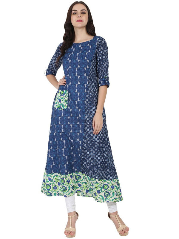 Women's Blue Printed 3/4Th Cotton A-Line Kurta With Side Pocket - Nayo Clothing