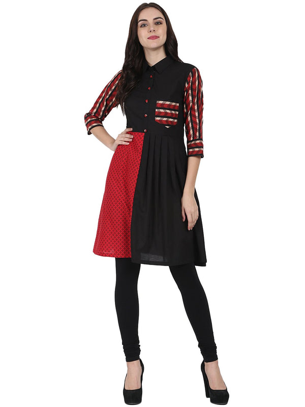 Women's Black Printed 3/4Th Sleeve Cotton A-Line Kurta With Pocket - Nayo Clothing