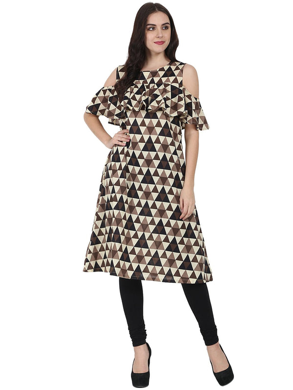 Women's Brown Printed Half Sleeve Cold Shoulder Cotton A-Line Kurta - Nayo Clothing