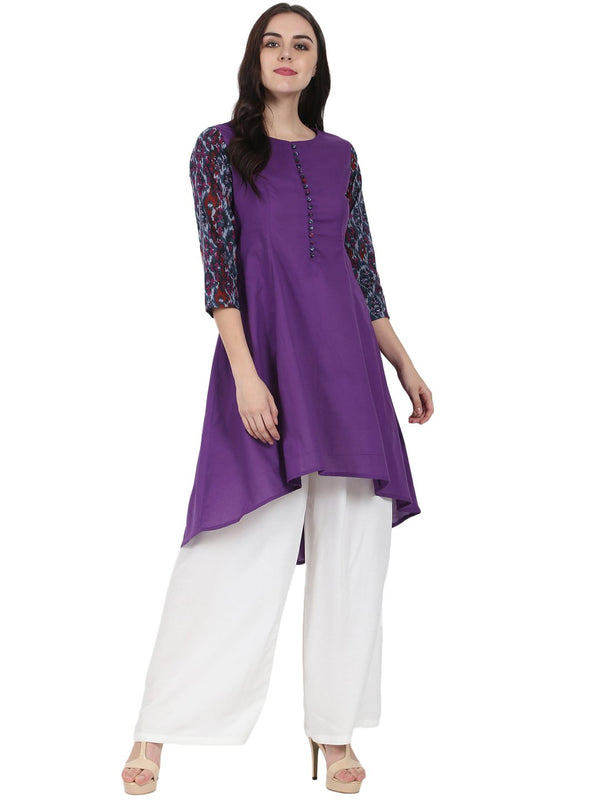 Women's Purple 3/4Th Sleeve Cotton A-Line Kurta - Nayo Clothing