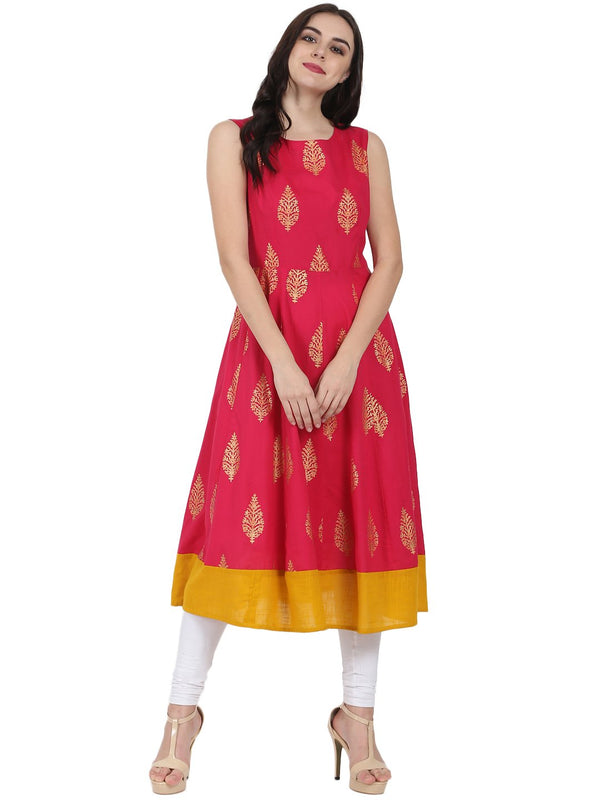 Women's Red Printed Sleeveless Cotton Anarkali Kurta - Nayo Clothing