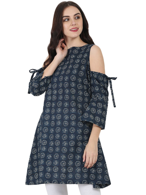 Women's Blue Printed Short Sleeve Cotton Kurta - Nayo Clothing