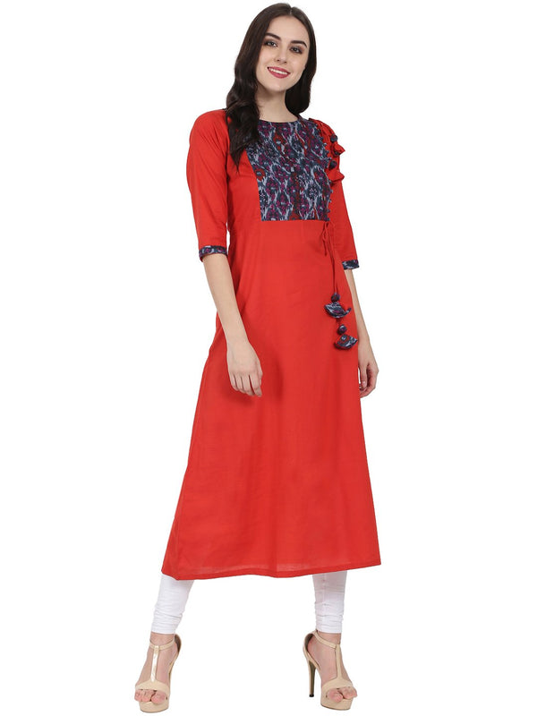 Women's Red 3/4Th Sleeve Cotton A-Line Kurta With Dori & Latkan Work At Yoke - Nayo Clothing