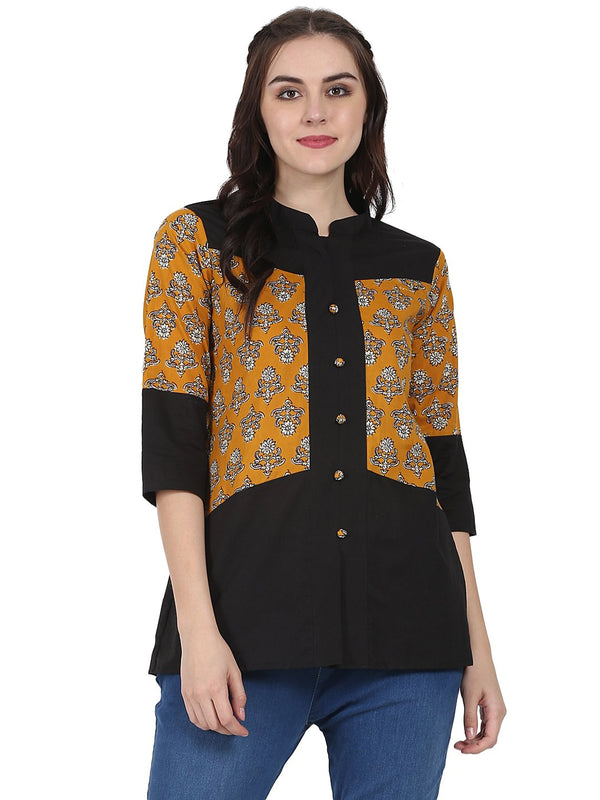 Women's Yellow & Black 3/4Th Sleeve Cotton Tunic - Nayo Clothing