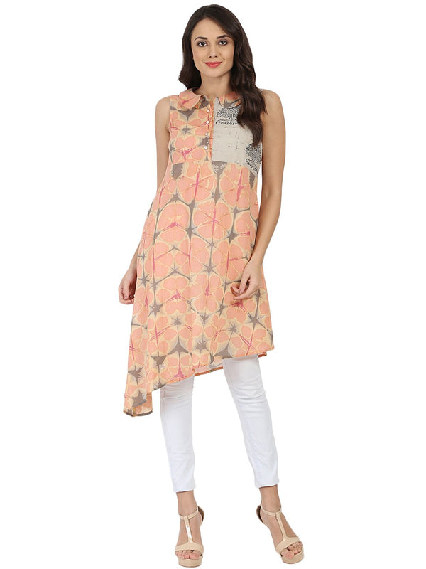 Women's Peach Printed Sleeveless Cotton A-Line Kurta - Nayo Clothing